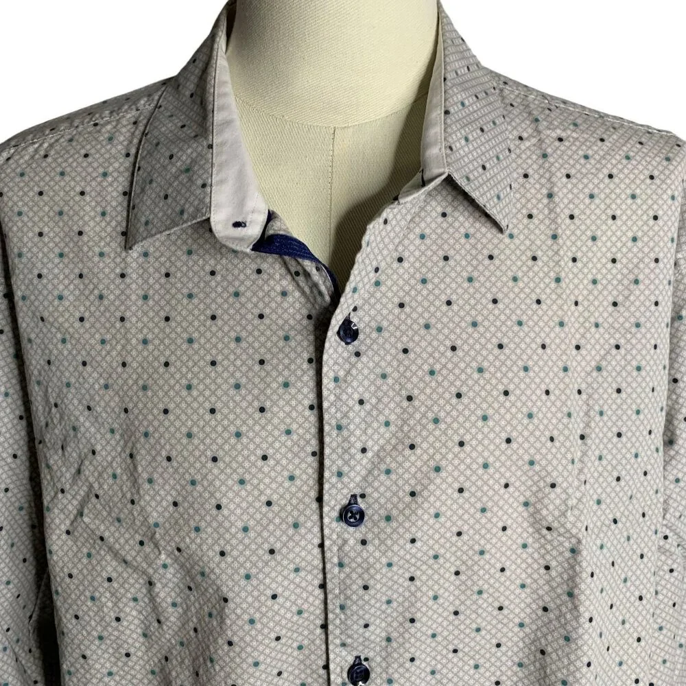 Tasso Elba Button Up Long Sleeve Shirt XXL Grey Dots Flip Cuff Cotton Collared - Picture 2 of 7